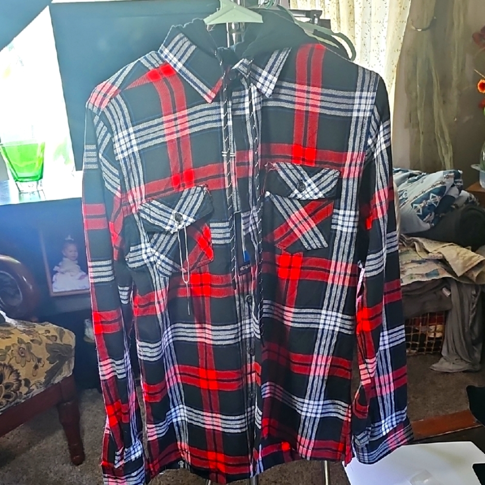 NWT Red White& Blue With Black Hoodie Plaid Button-Up Shirt